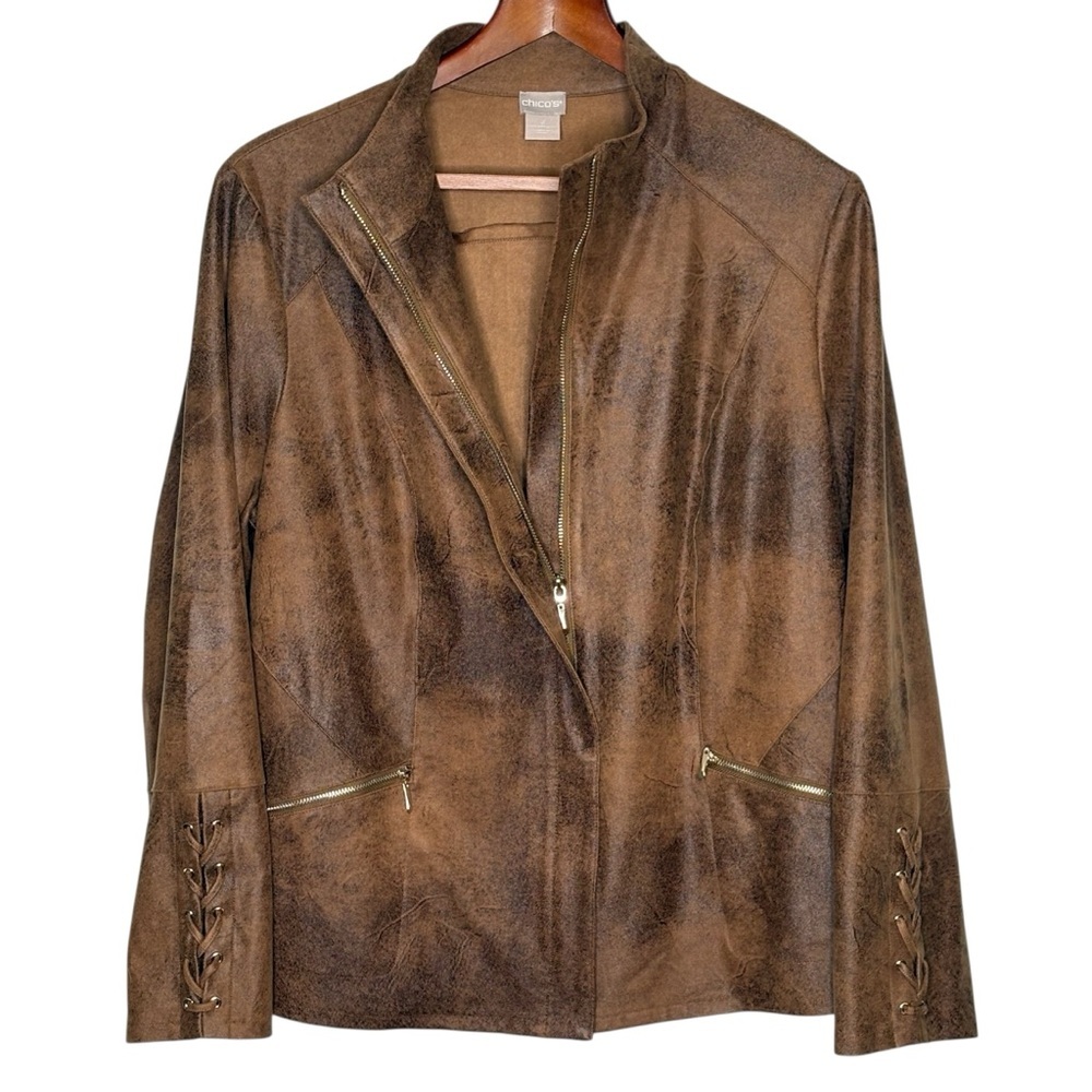 Chicos Faux Suede Moto Jacket US L 12/14 Lace Up Sleeve Details Brown Full Zip